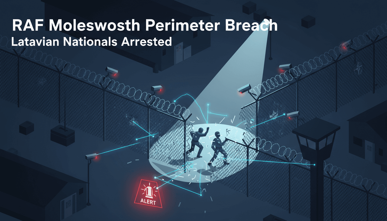 Image showing the perimeter breach at RAF Molesworth with security personnel on site.
