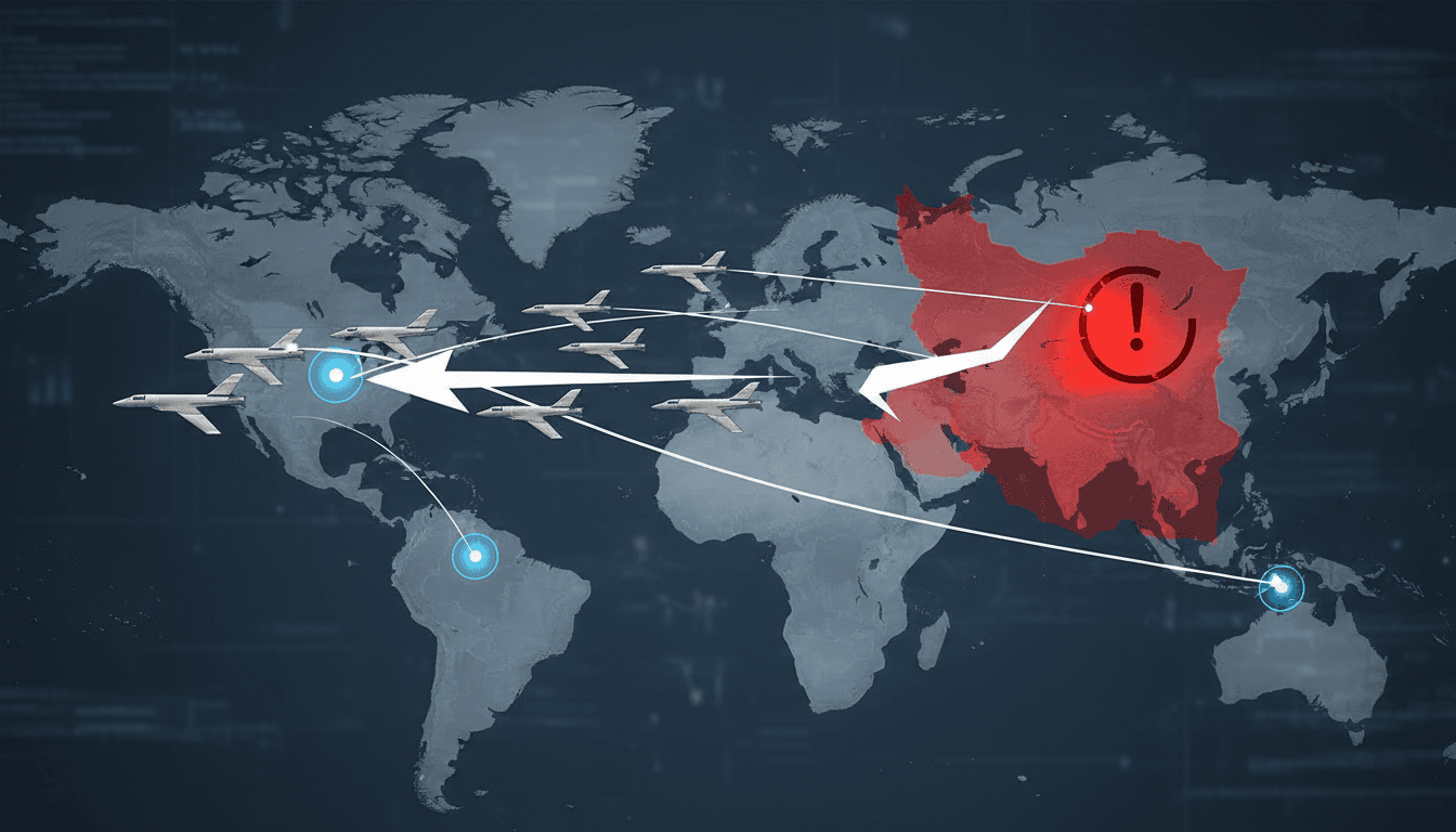 A map showing the relocation of U.S. B-1 bombers from RAF Fairford to home bases amid Iranian threats.
