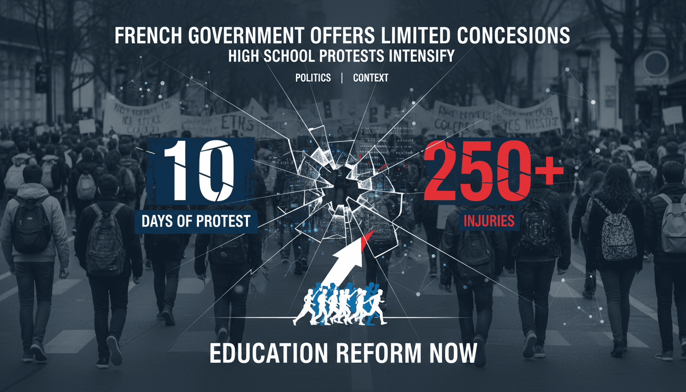 A visual representation of French high school protests, highlighting demands for education reforms and the number of injuries.