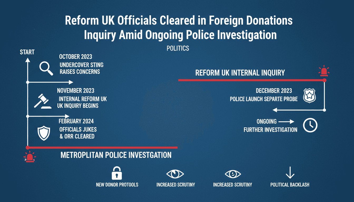 Infographic detailing the Reform UK inquiry and ongoing police investigation into foreign donations.