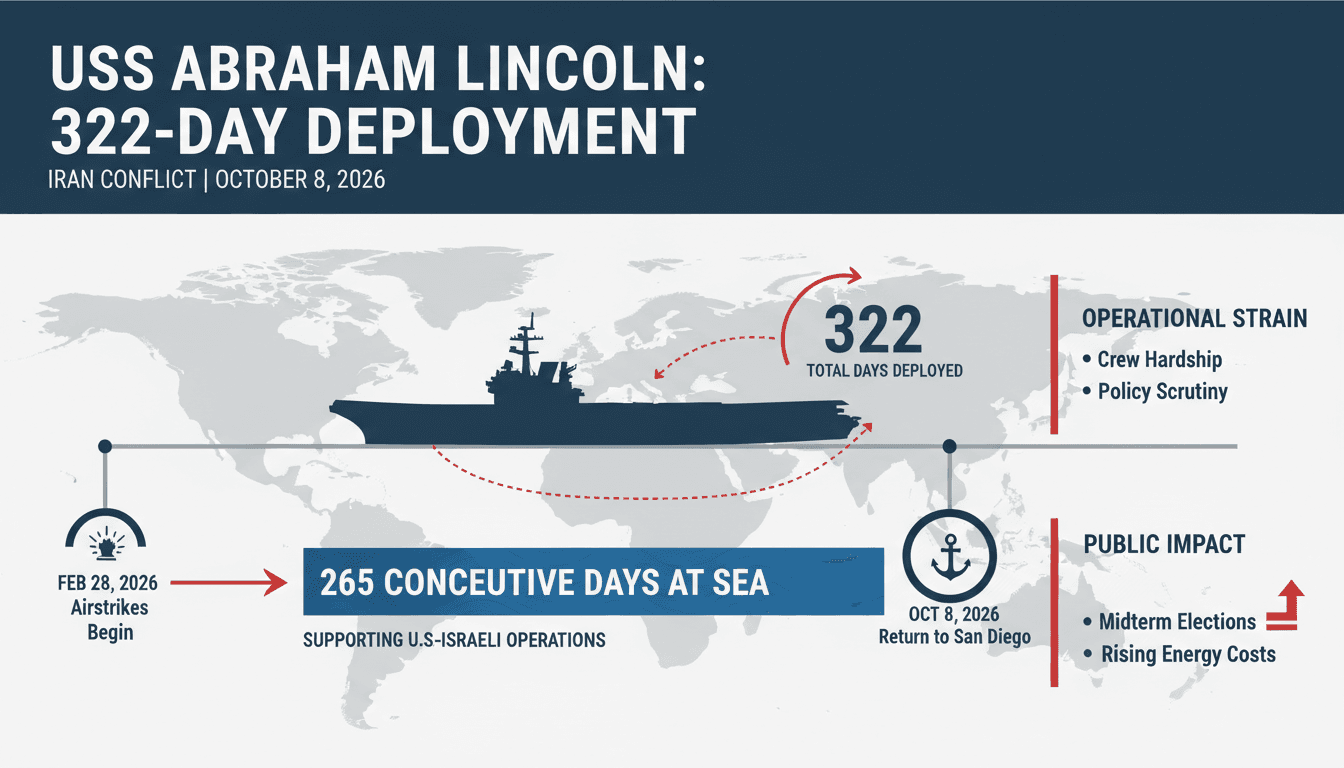 USS Abraham Lincoln aircraft carrier docking in San Diego after a lengthy deployment supporting military operations.