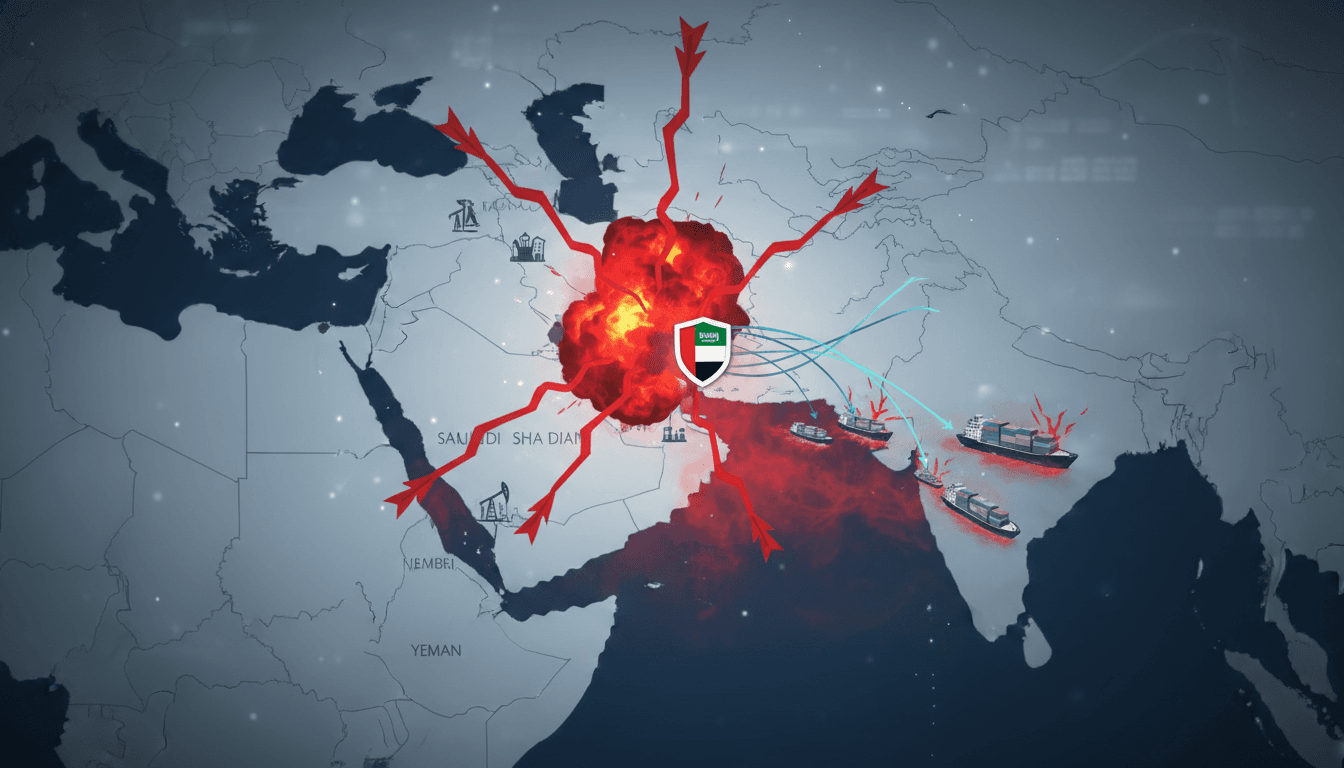 A graphic illustrating the UAE's condemnation of Houthi attacks on Saudi civilian assets and shipping routes.