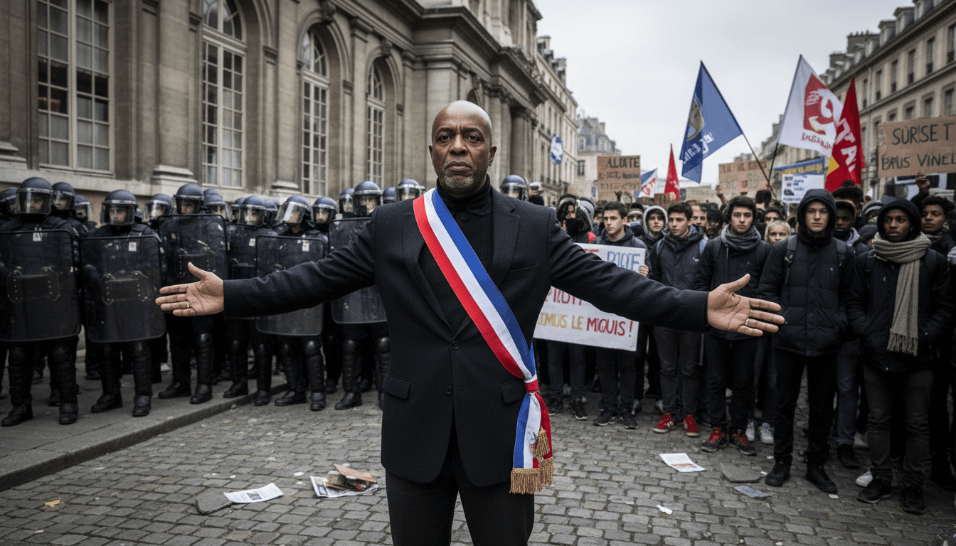 Bally Bagayoko shielding students from police during protests in France, highlighting youth activism and education issues.