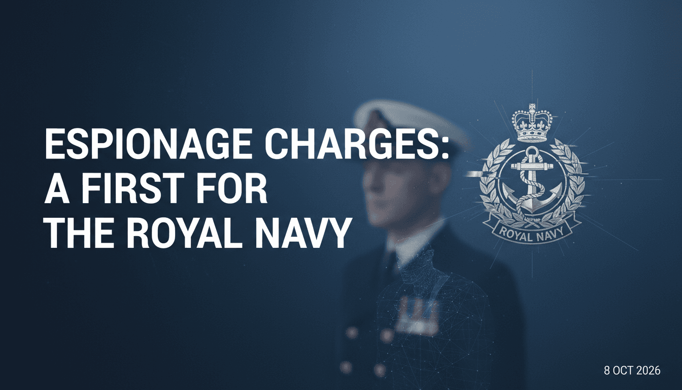 Royal Navy emblem with the text "Espionage Charges: A First for the Royal Navy"