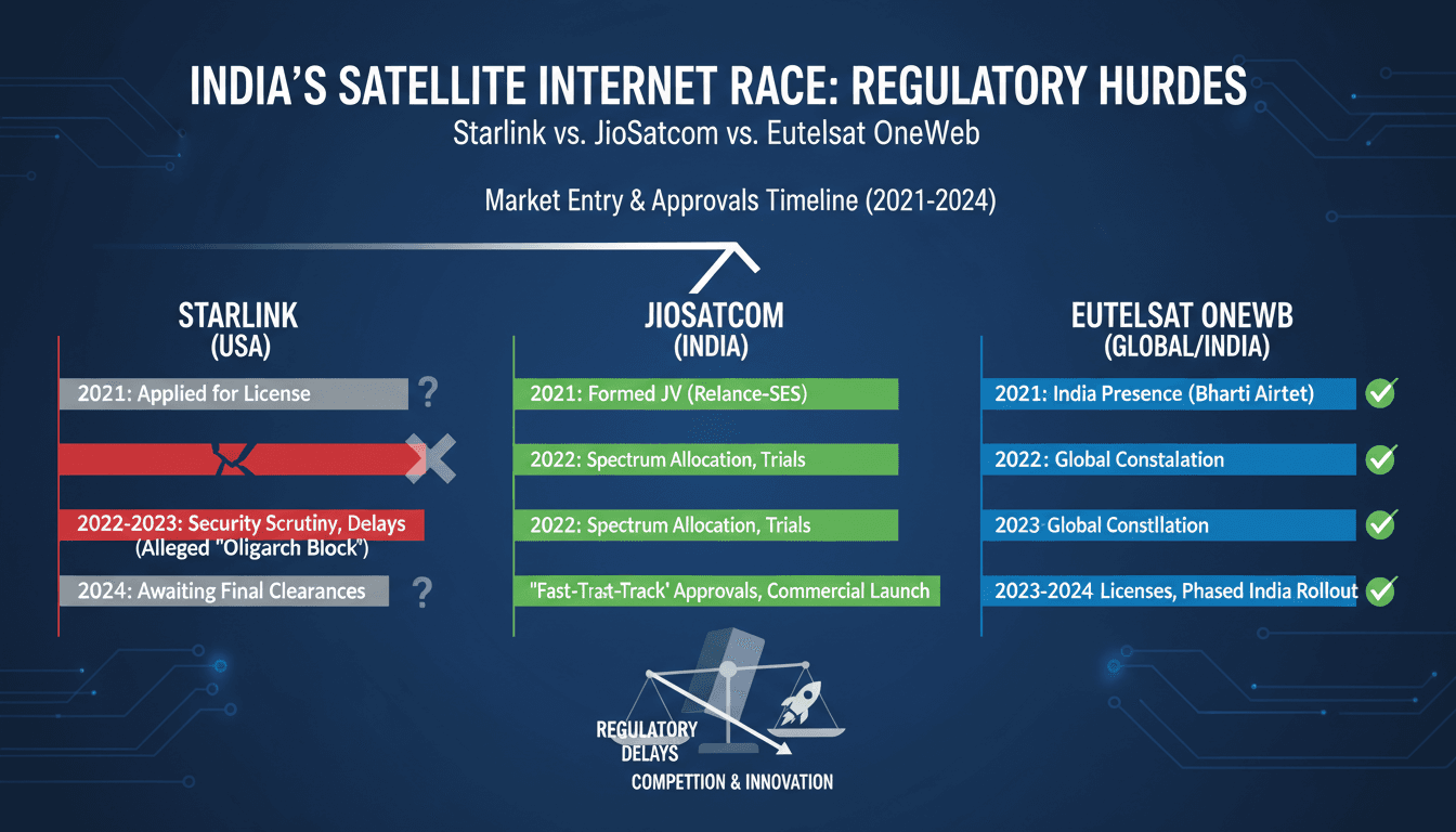 Infographic comparing regulatory timelines and partnerships of Starlink, JioSatcom, and Eutelsat OneWeb in India.