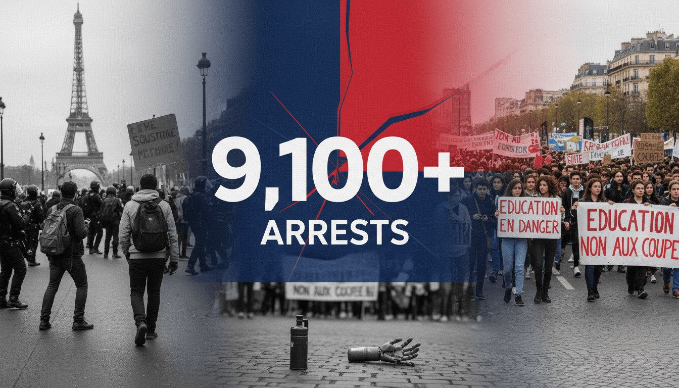 A visual representation of student protests in France, focusing on the suspension of stun grenades and the call for educational reform.