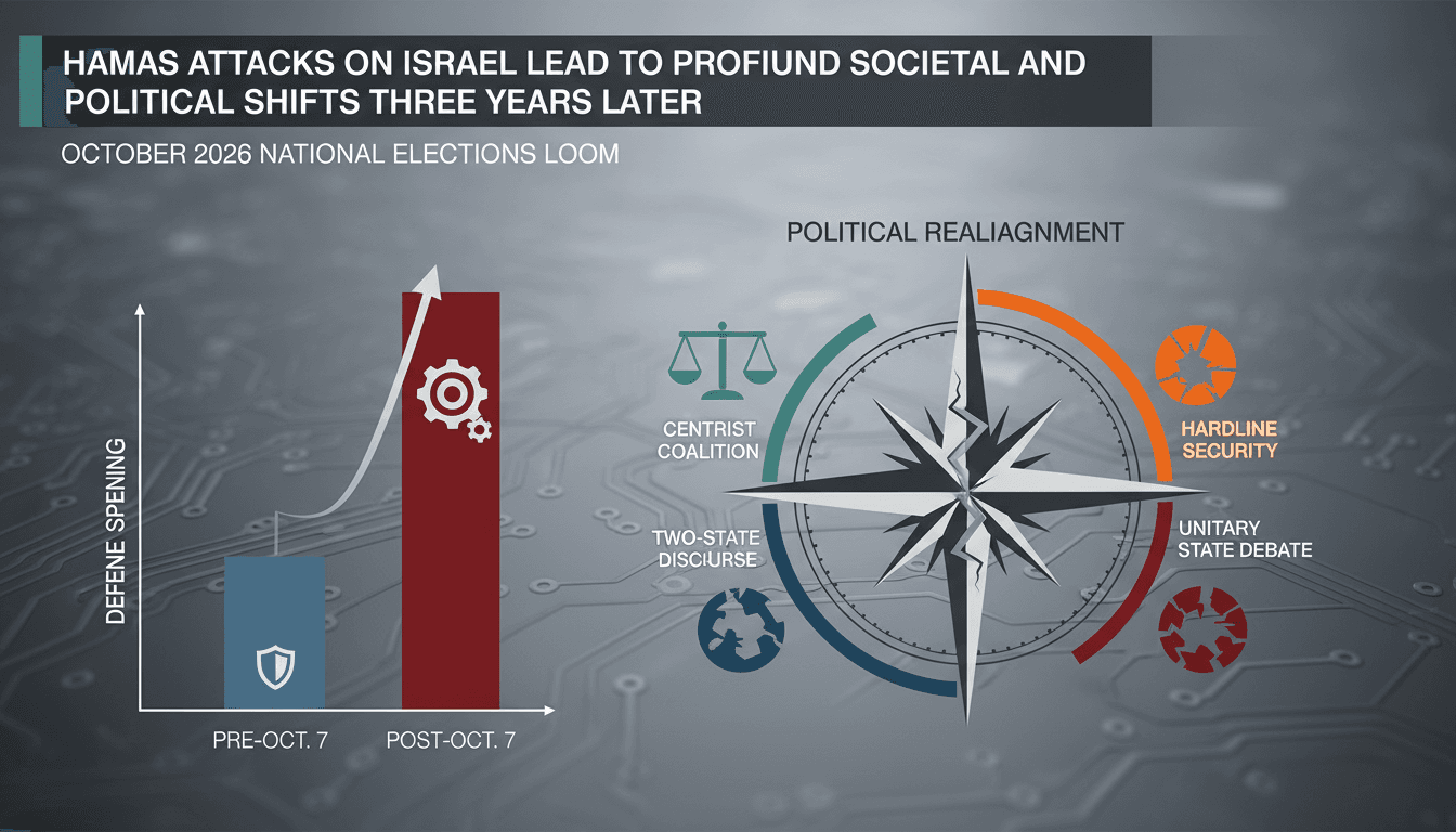 Infographic showing Israel's defense spending increase and political changes after the October 7 attacks.