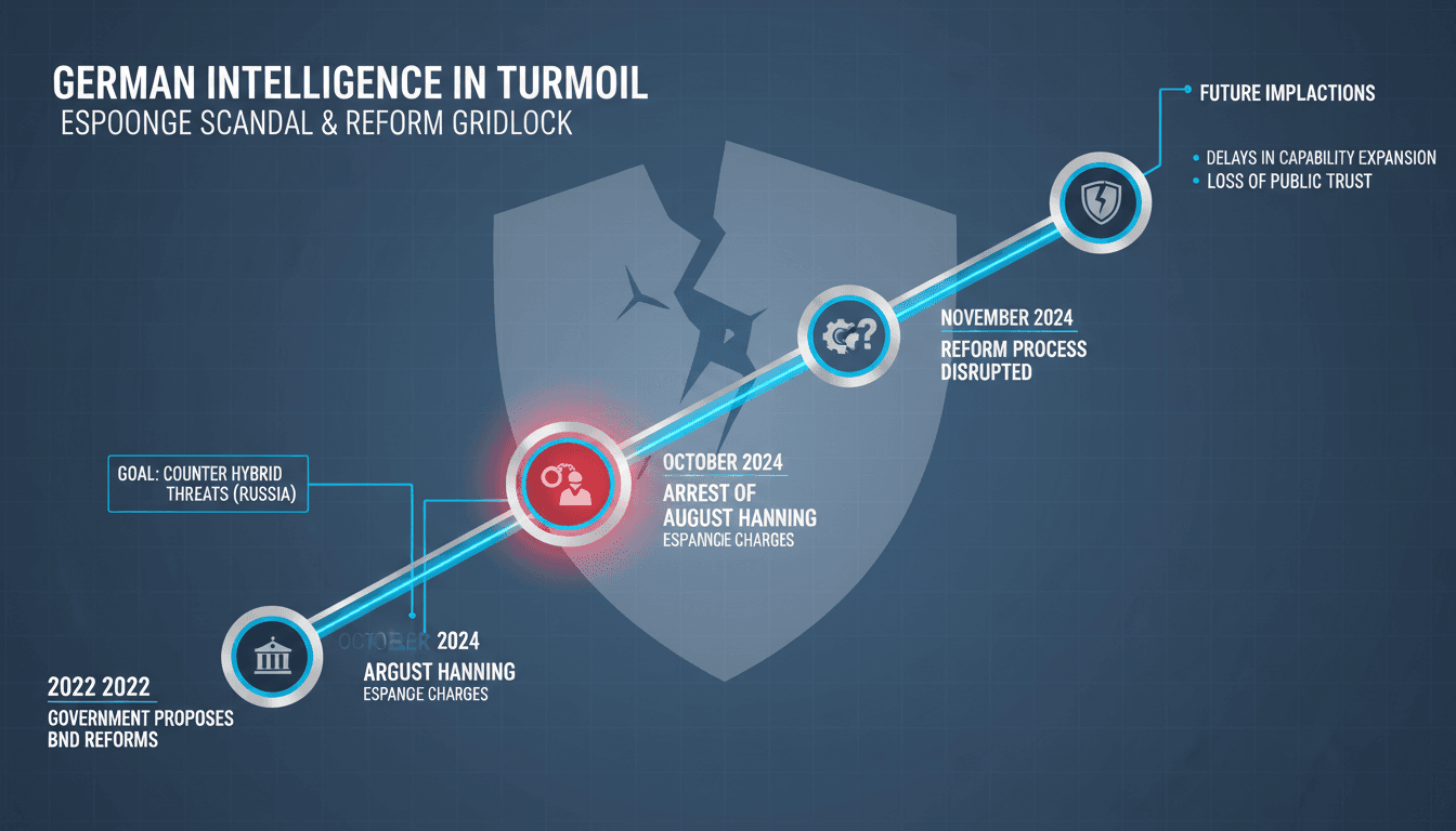 Infographic showing the timeline of the BND reform efforts and the espionage scandal involving August Hanning.