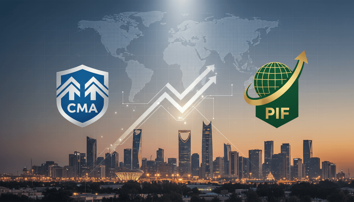 CMA and PIF logos with Riyadh skyline, highlighting economic collaboration.