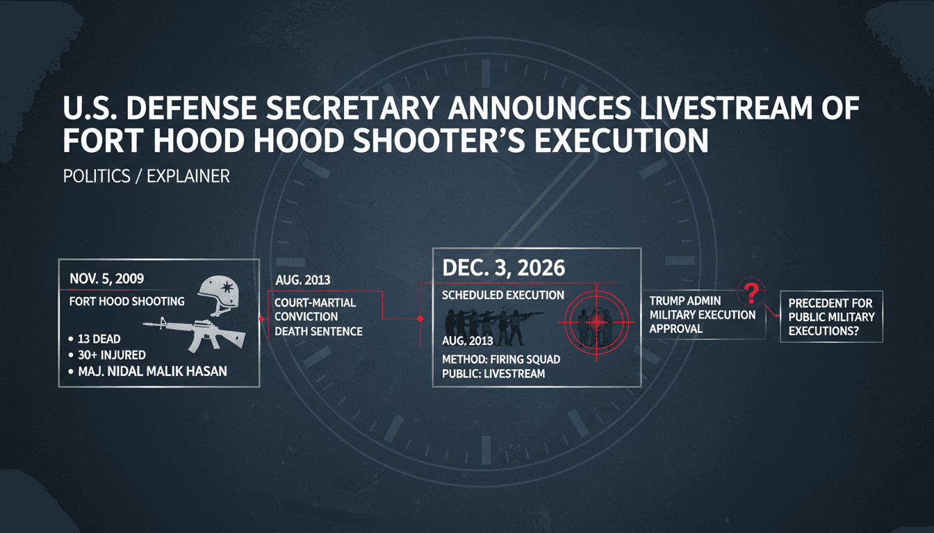 Infographic showing the timeline of the Fort Hood shooting and execution of Nidal Malik Hasan, highlighting key dates and statistics.
