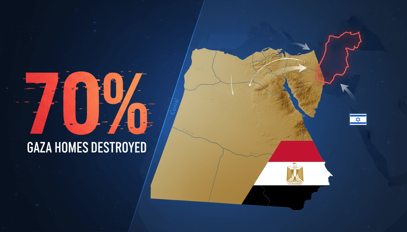 A map of the Sinai Peninsula with statistics on Gaza's destruction and Egypt's sovereignty stance.