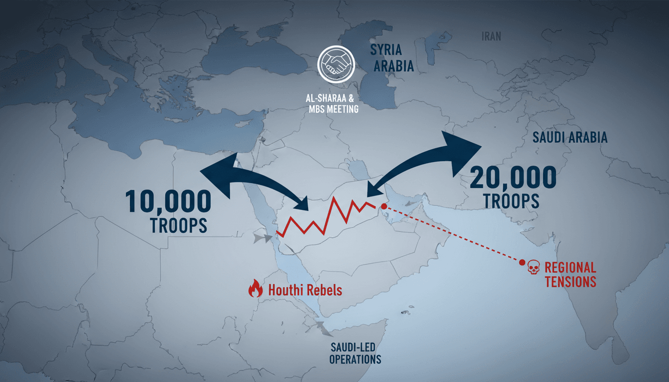 Map showing potential Syrian troop deployment to Yemen and its impact on regional trade routes.