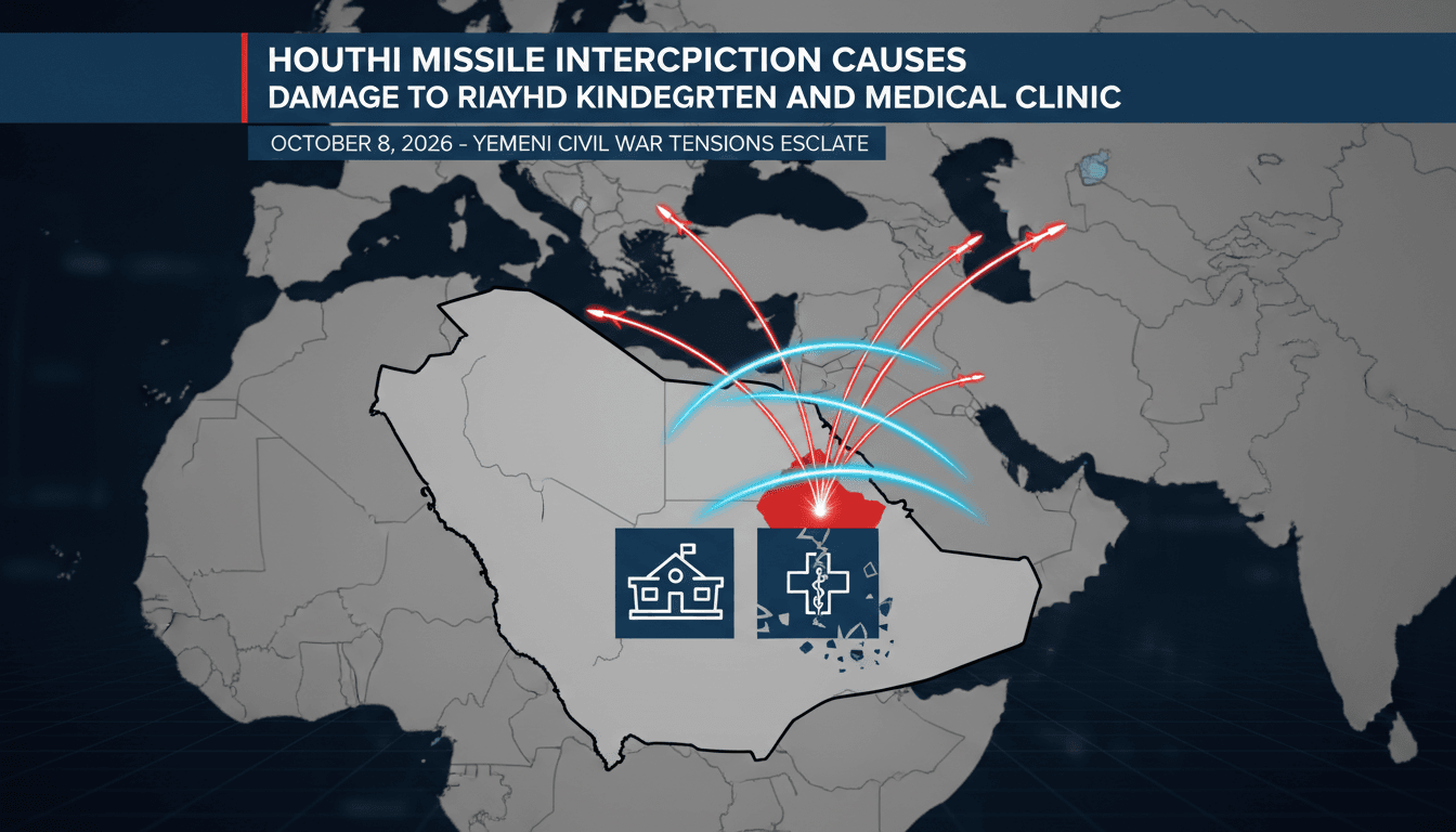 A visual representation of the Houthi missile interception incident in Riyadh, showing affected areas and defense responses.