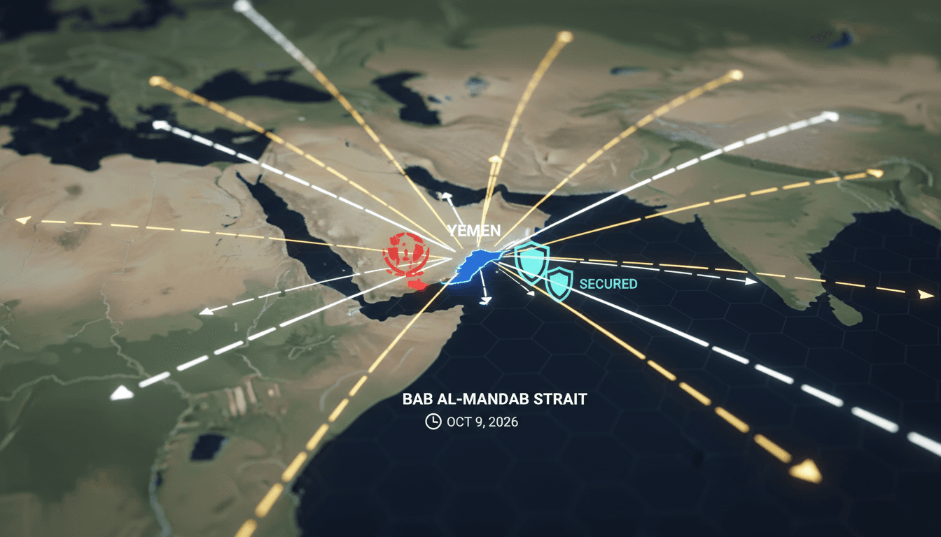A map showing the Bab Al-Mandab Strait and its significance for global trade routes.