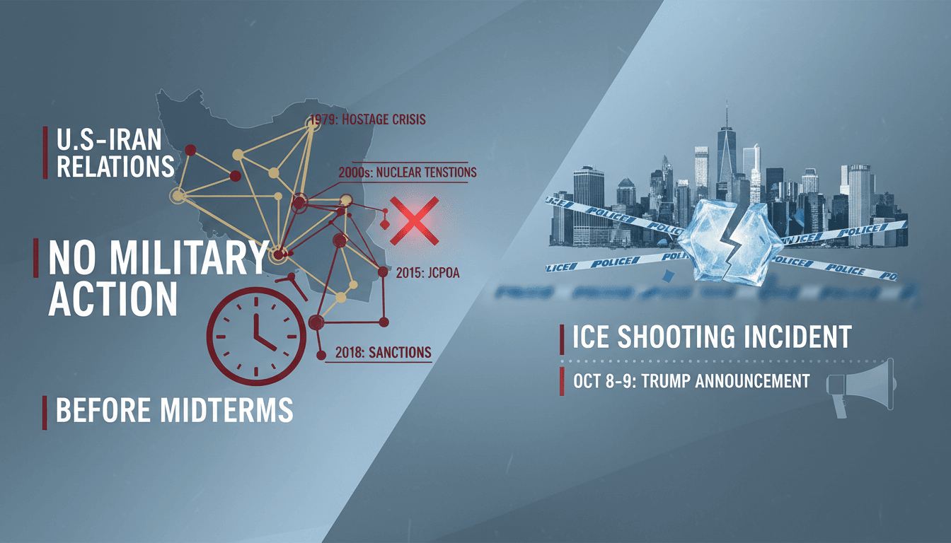 A graphic illustrating Trump's announcement on Iran and the ICE shooting incident in New York City.