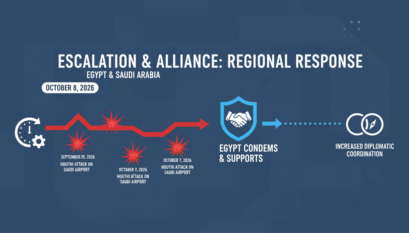 A map highlighting the locations of Houthi attacks on Saudi airports and Egypt's diplomatic response.