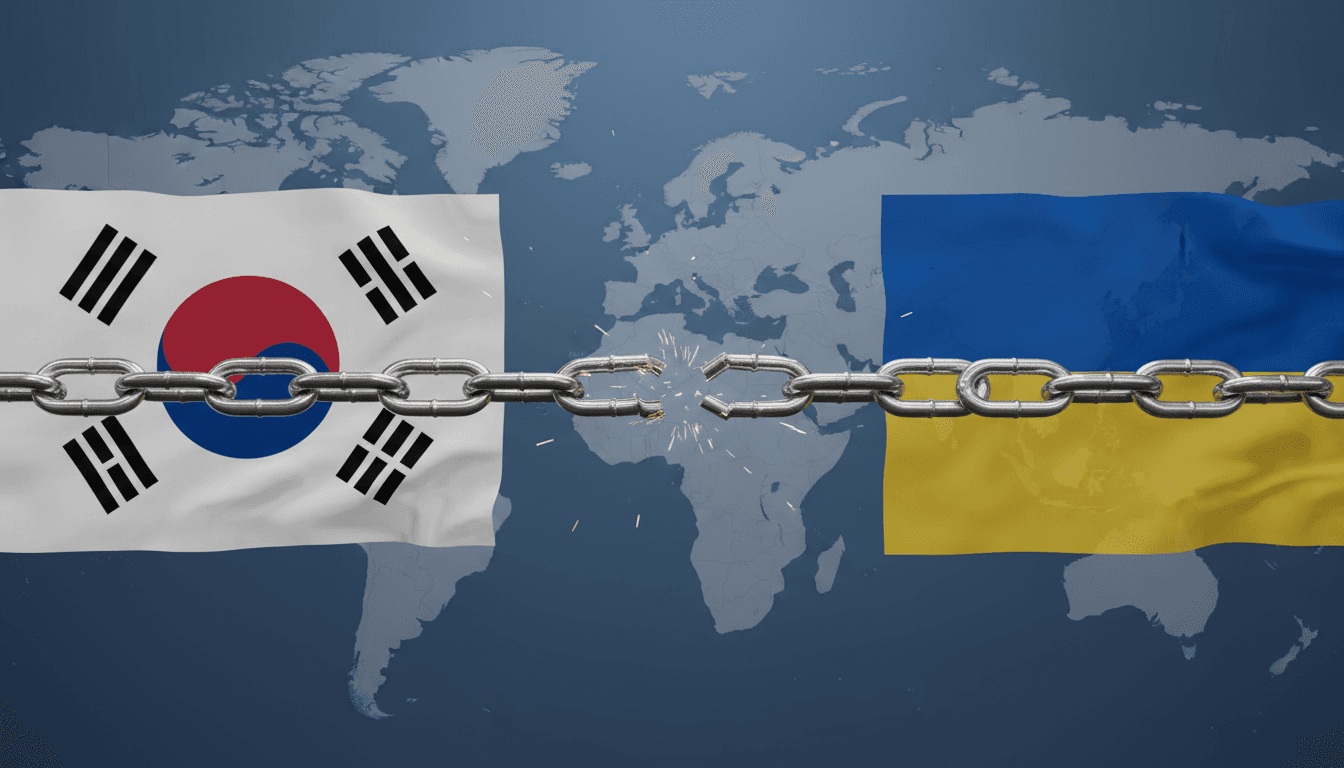 Flags of South Korea and Ukraine with a broken chain symbolizing the diplomatic rift.