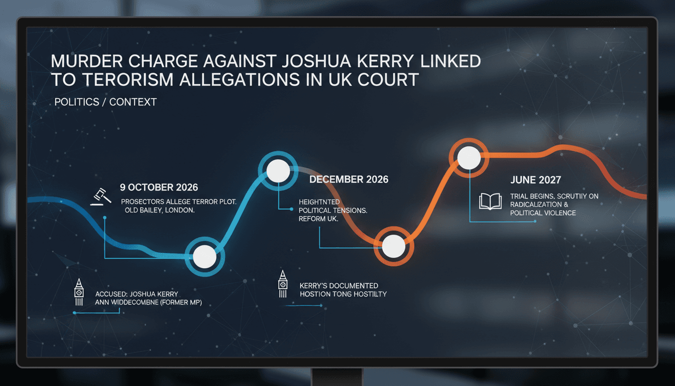 A courtroom scene depicting the Old Bailey with a focus on the murder and terrorism charges against Joshua Kerry.