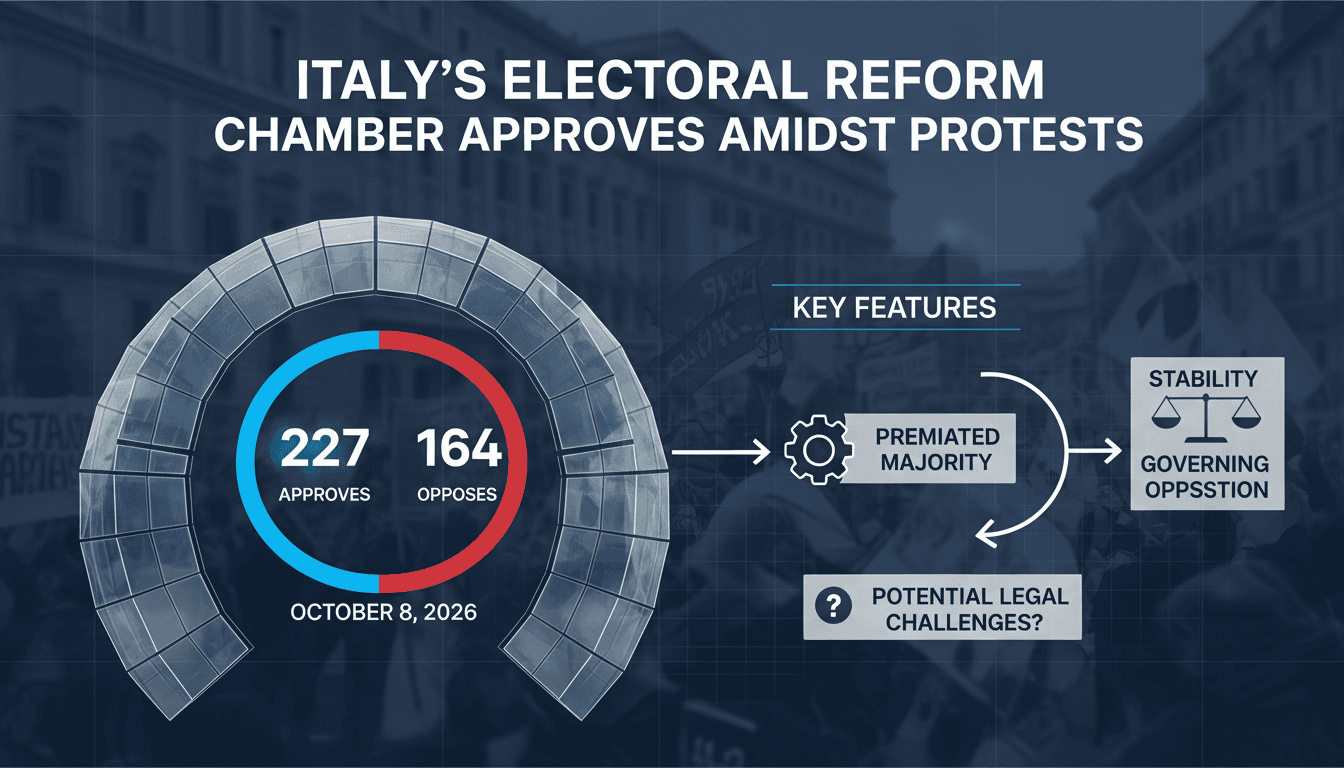 A graphic illustrating Italy's electoral reform vote tally and its implications for political stability.