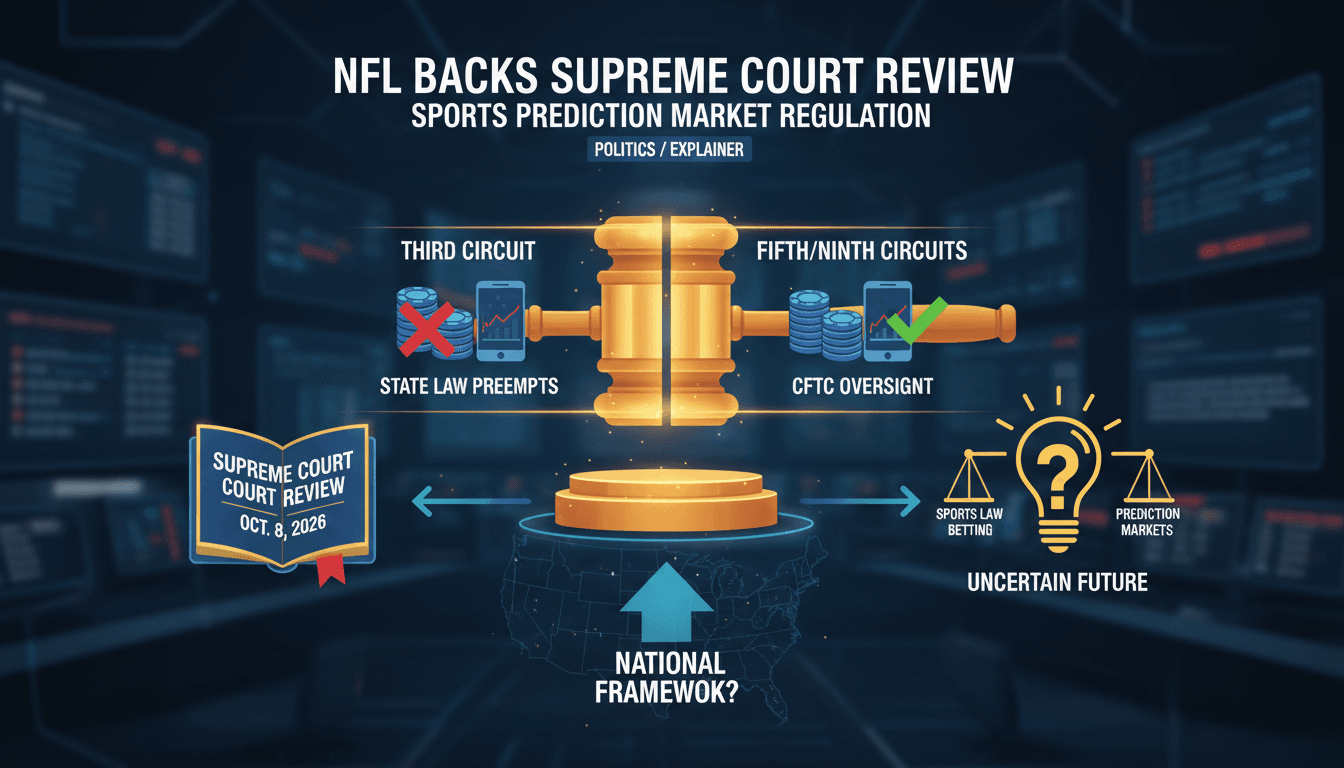 Infographic showing the NFL's amicus brief impact on sports prediction market regulations and Supreme Court involvement.