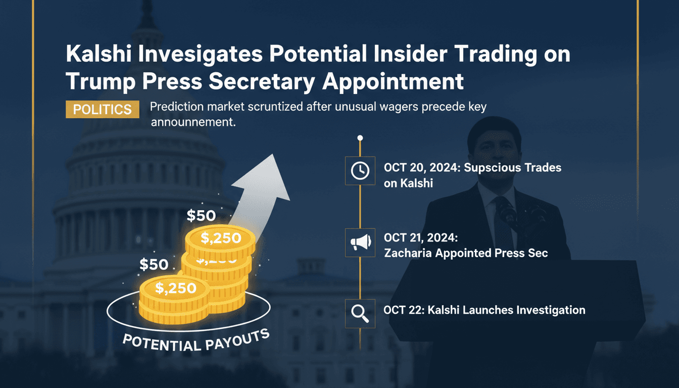A graphic illustrating Kalshi's investigation into suspicious trades related to Trump's press secretary appointment.