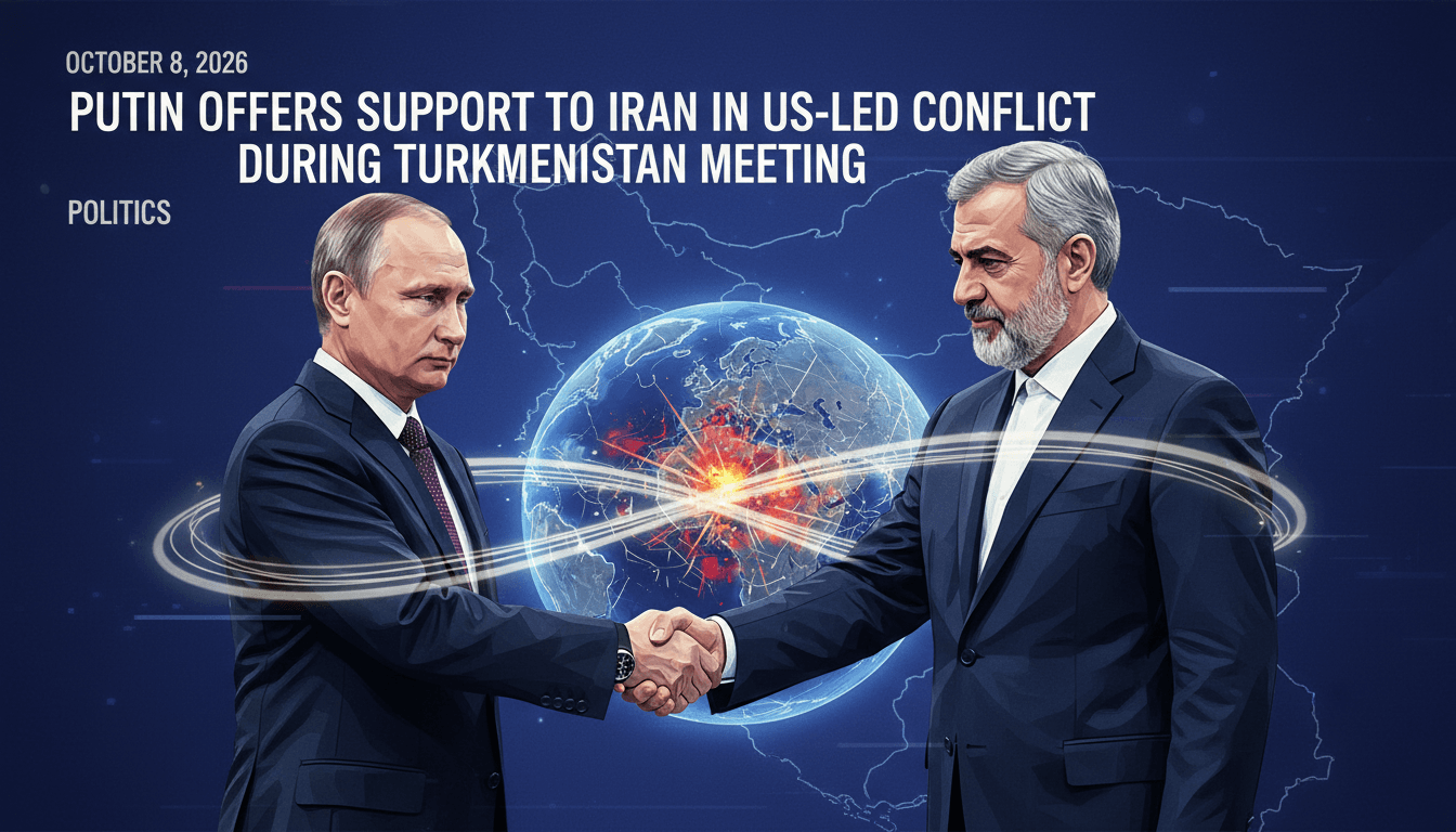 Putin and Pezeshkian shaking hands, representing their commitment to resolving the US-led conflict with Iran.