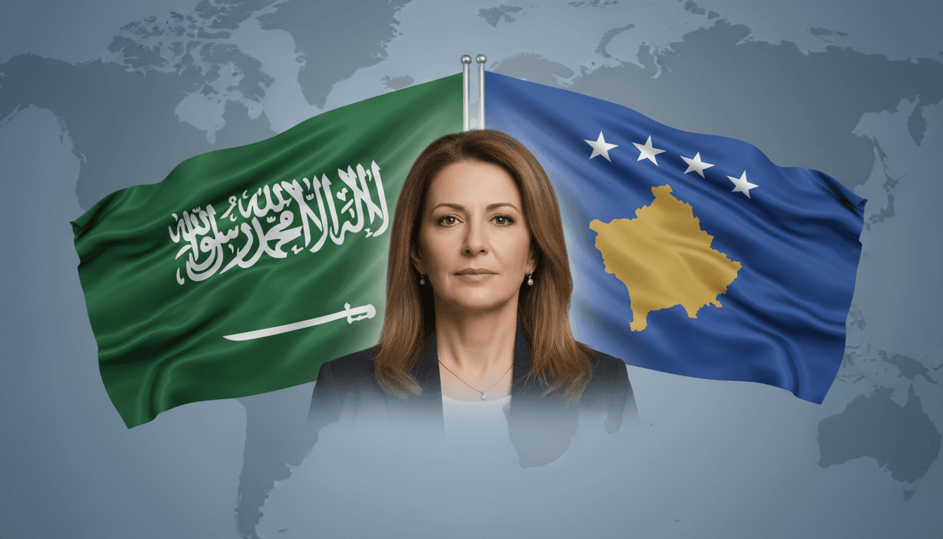 Dr. Justina Shiroka-Pula with Saudi and Kosovo flags, symbolizing new diplomatic ties.