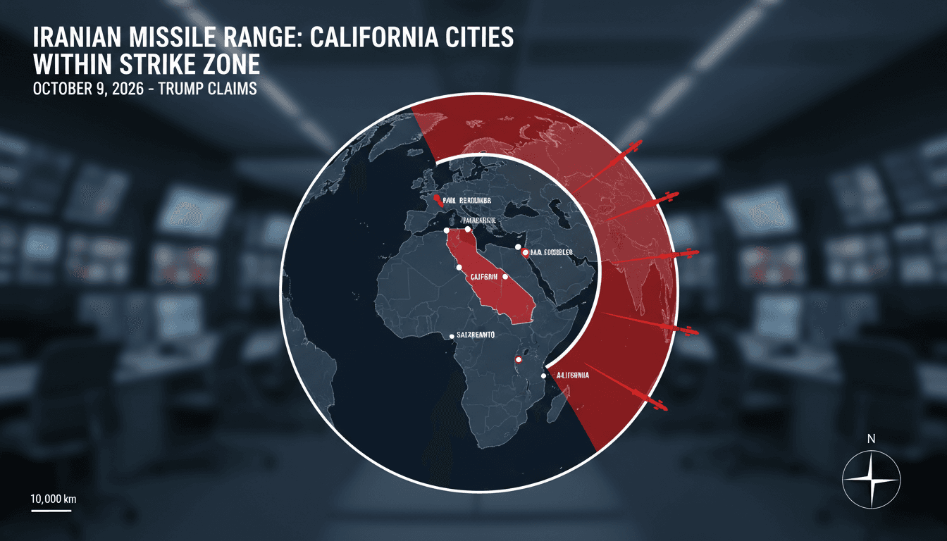 Infographic showing Iran's missile range capabilities and their implications for California cities.