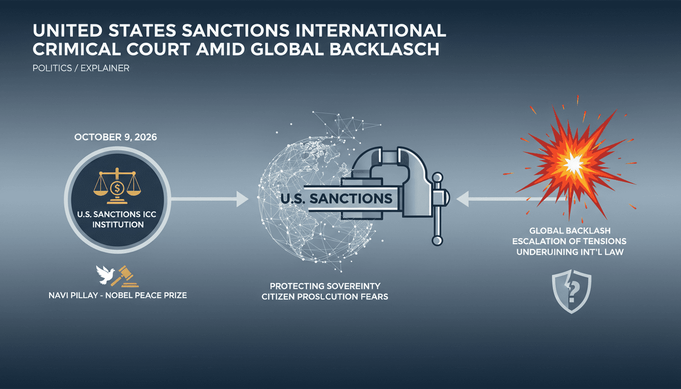 Infographic showing U.S. sanctions on the International Criminal Court and their impact on international law.