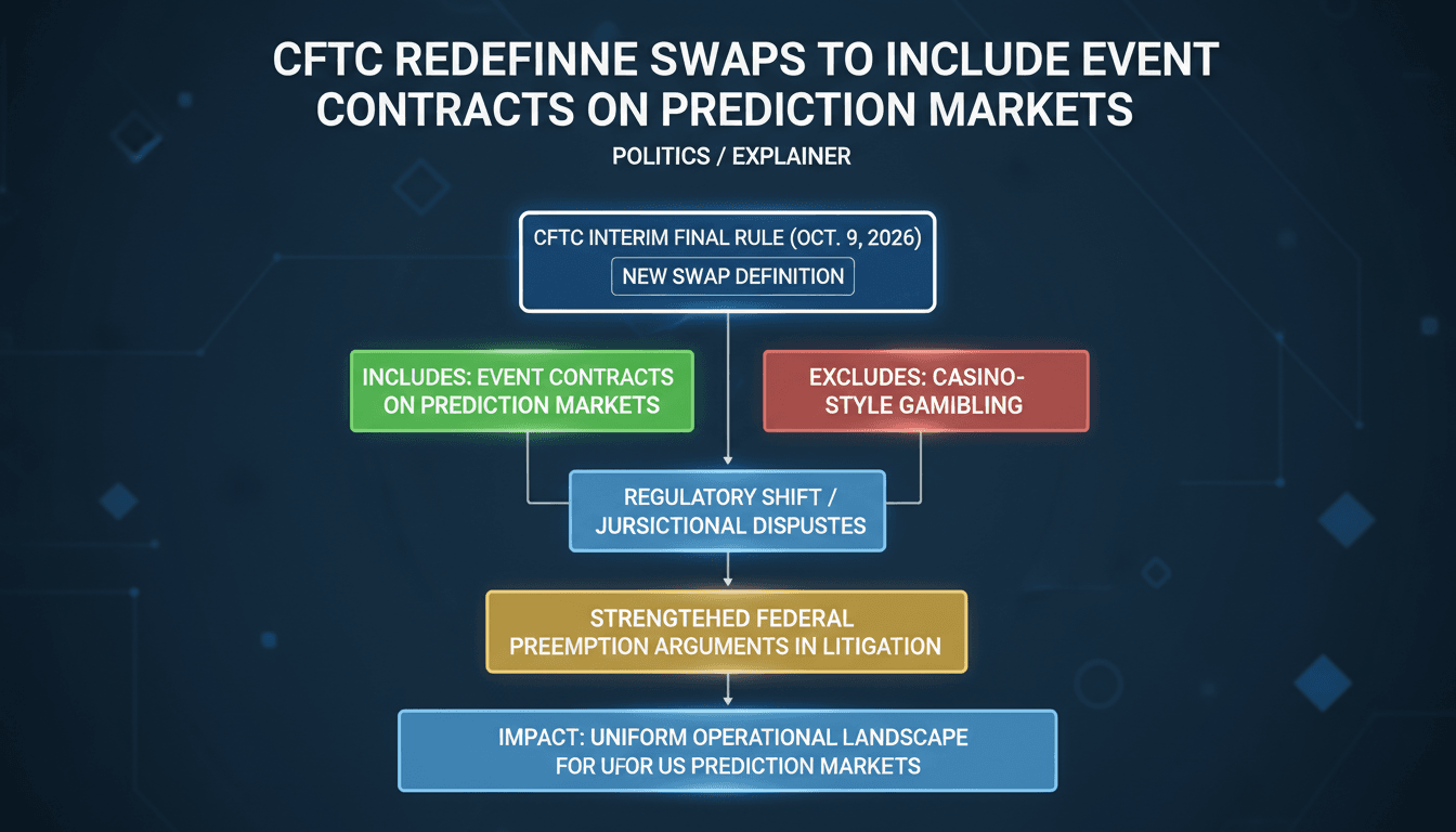 A flowchart showing the impact of CFTC's new swap definition on prediction markets and gambling regulations.