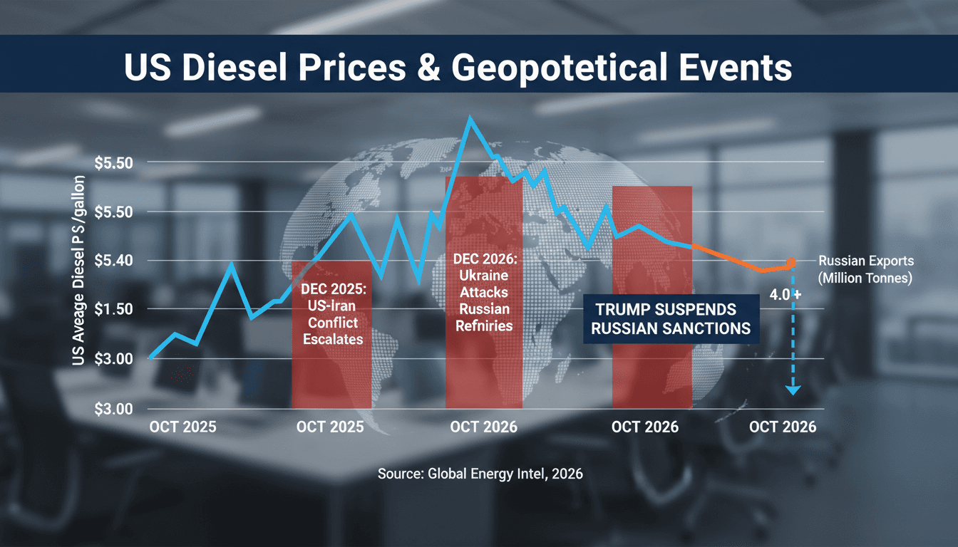 A graph depicting US diesel price fluctuations influenced by geopolitical events, including Trump's deal with Russia.