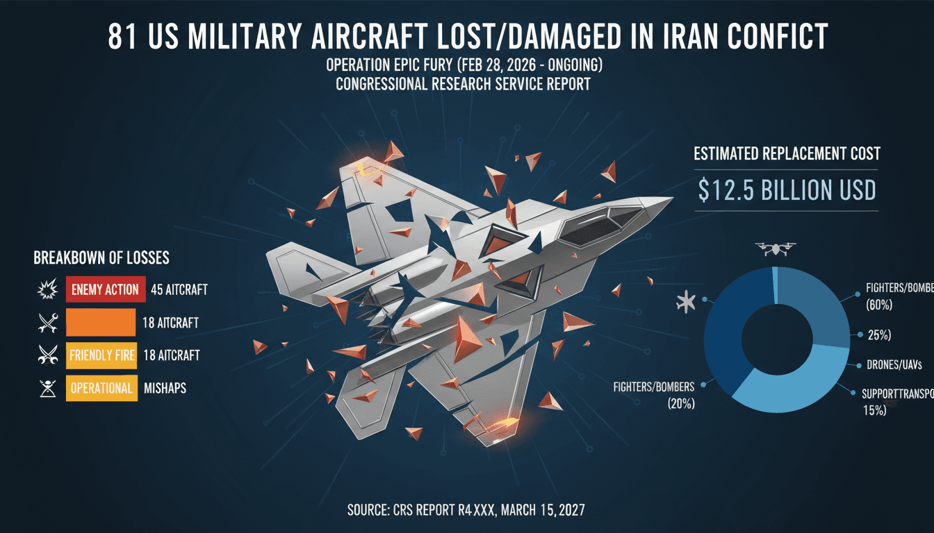 Infographic detailing the 81 US aircraft lost in Operation Epic Fury against Iran, including cost estimates and types of aircraft.