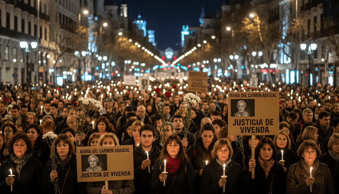 Protesters in Madrid mourning the eviction of María del Carmen Abascal, highlighting Spain's housing crisis.