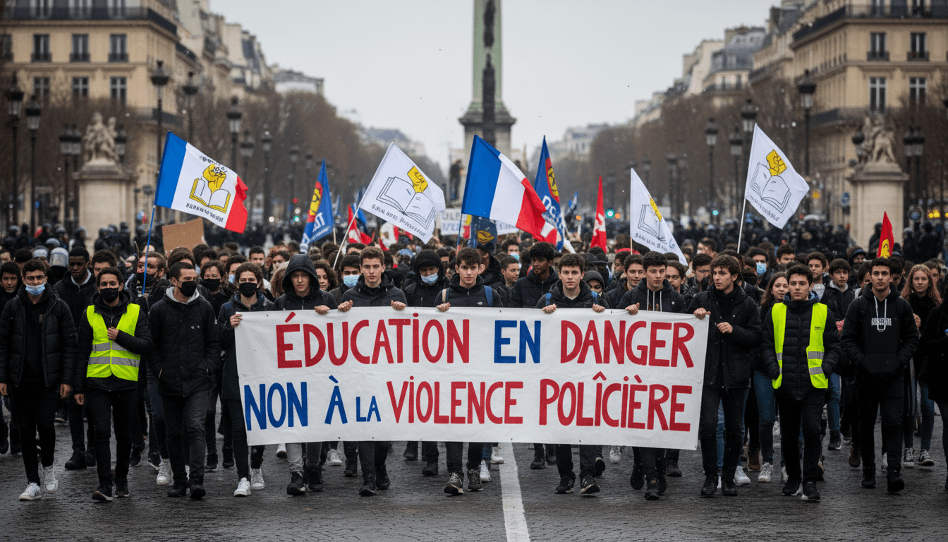 Students protesting in France, highlighting the educational crisis and societal polarization.