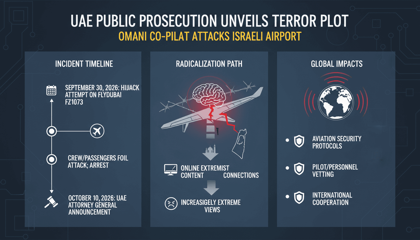 Infographic detailing the Flydubai co-pilot's terror plot and its implications for aviation security.