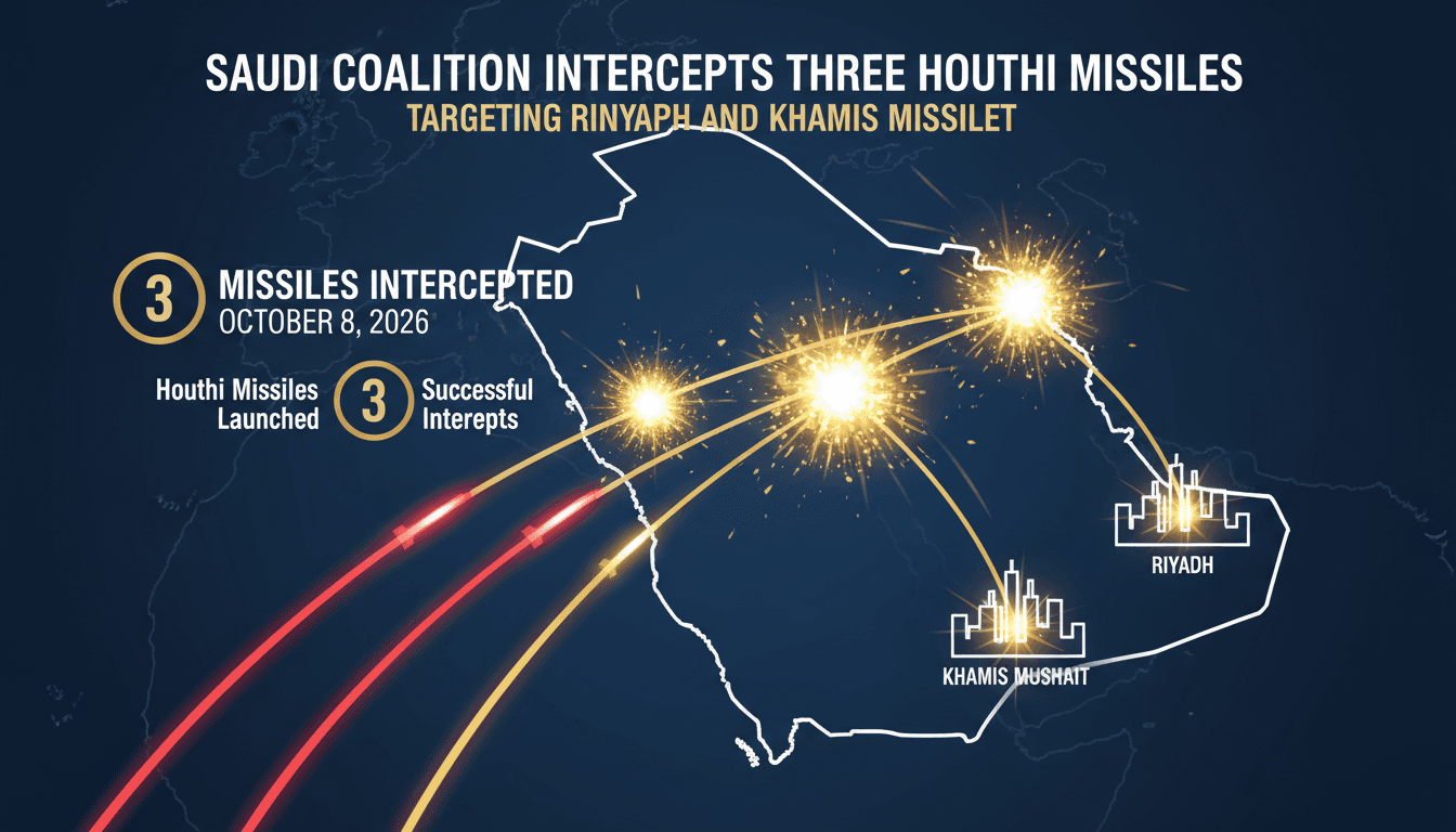 A visual representation of the Saudi-led Coalition intercepting Houthi missiles targeting Riyadh, with key statistics highlighted.
