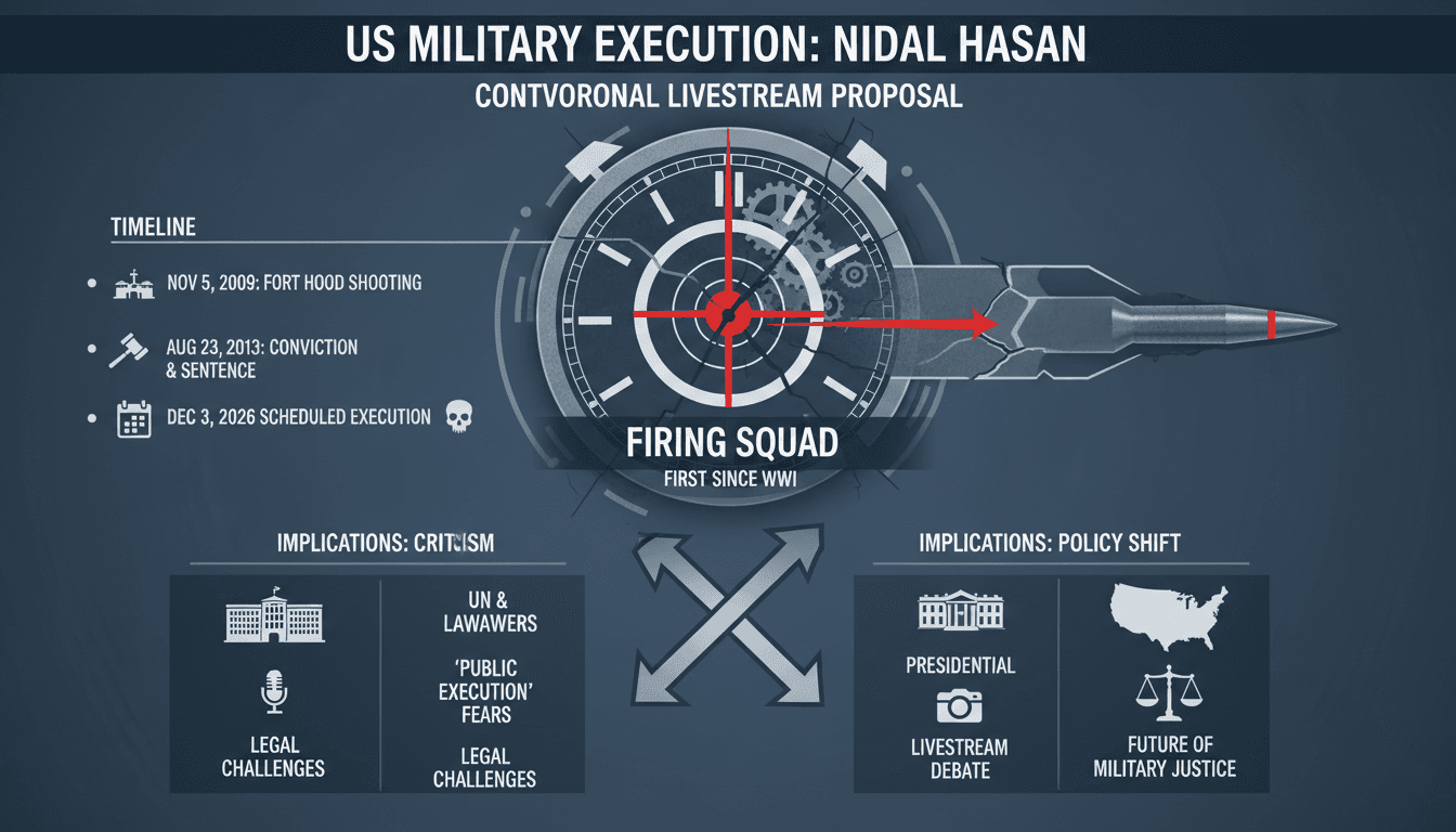 Infographic showing the timeline and implications of Nidal Hasan's military execution plans.