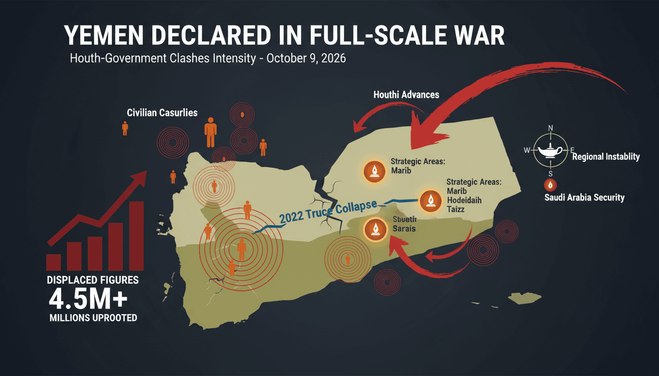 Map highlighting conflict zones in Yemen and displacement statistics amid the return to full-scale war.