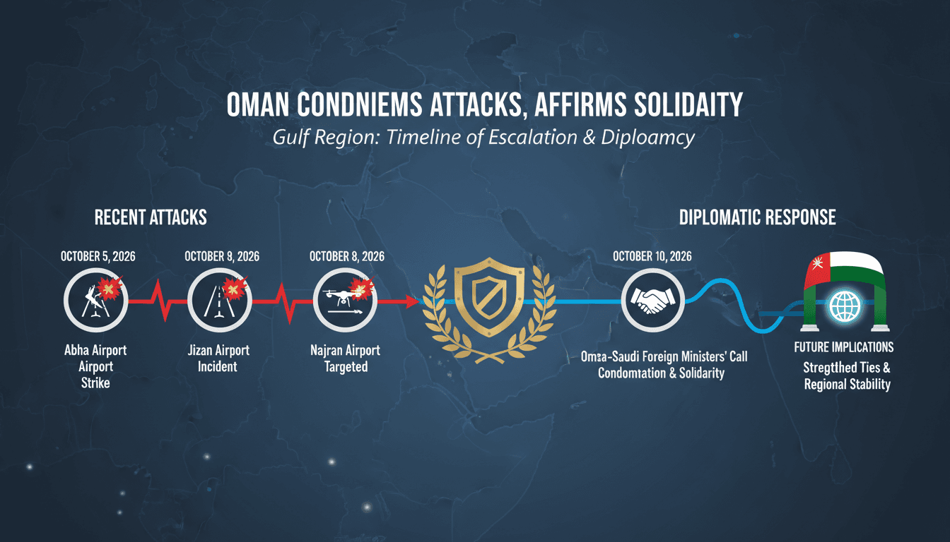 A graphic illustrating Oman's solidarity with Saudi Arabia and the impact of recent attacks on civilian infrastructure.