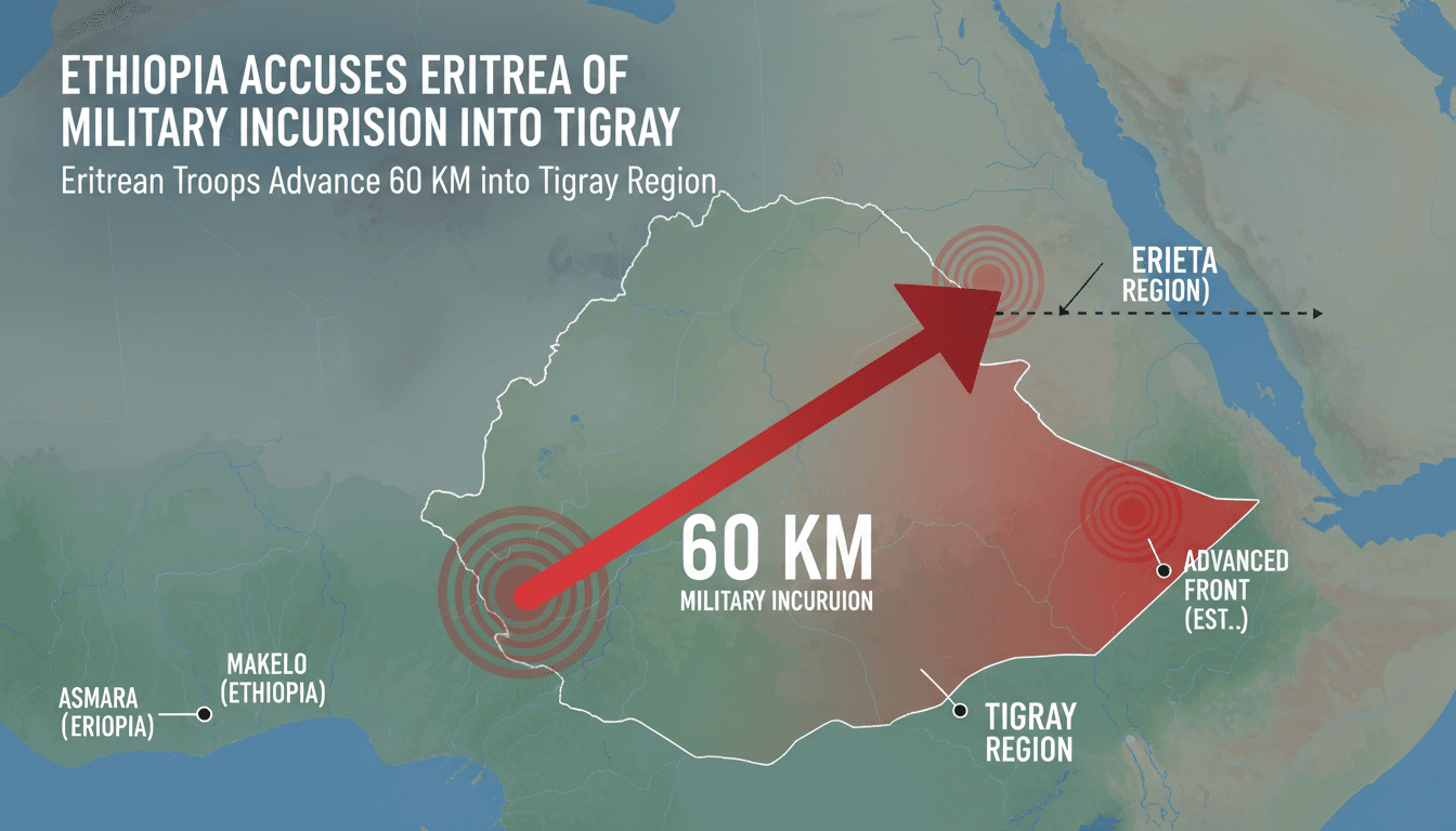 Map showing Eritrean military incursion into Tigray, highlighting the 60 km advance and key locations.