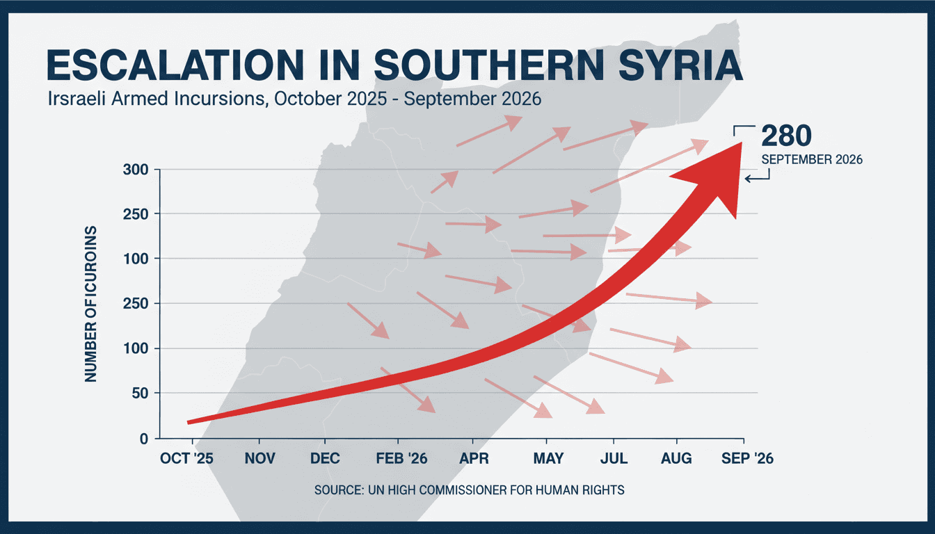 Infographic showing the rise in Israeli armed incursions into southern Syria, highlighting the 280 incidents reported in September 2026.