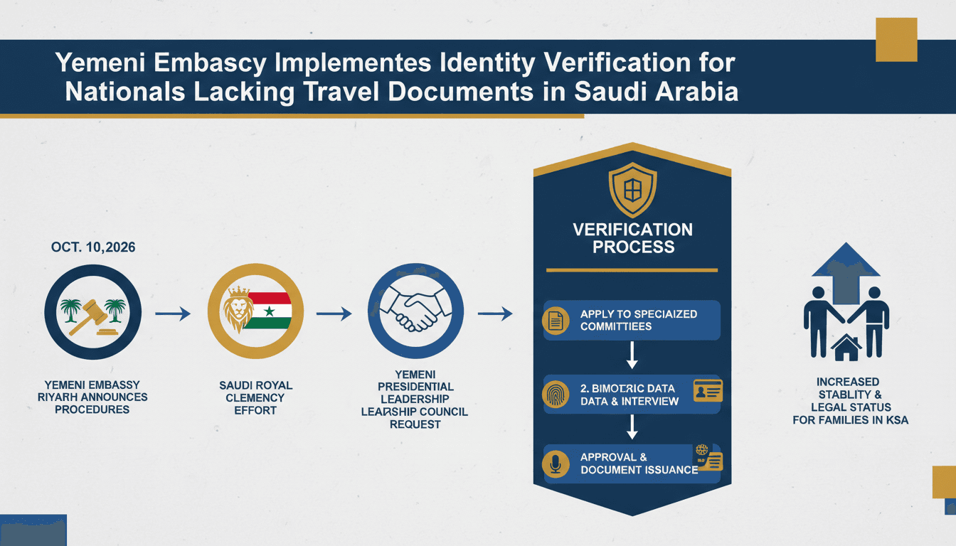 Infographic detailing the Yemeni Embassy's identity verification process for nationals in Saudi Arabia.