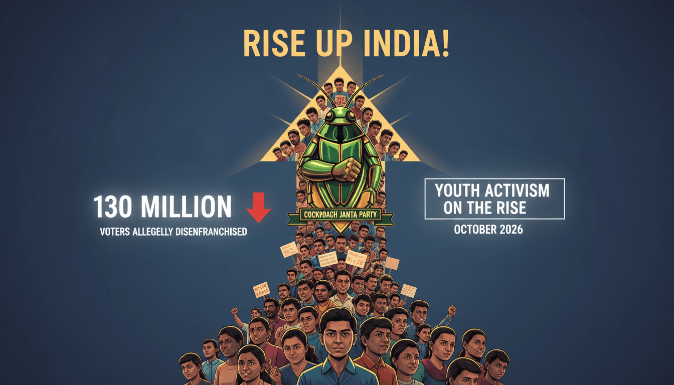 A graphic showing the rise of youth activism in India, focusing on the Cockroach Janta Party and electoral reforms.