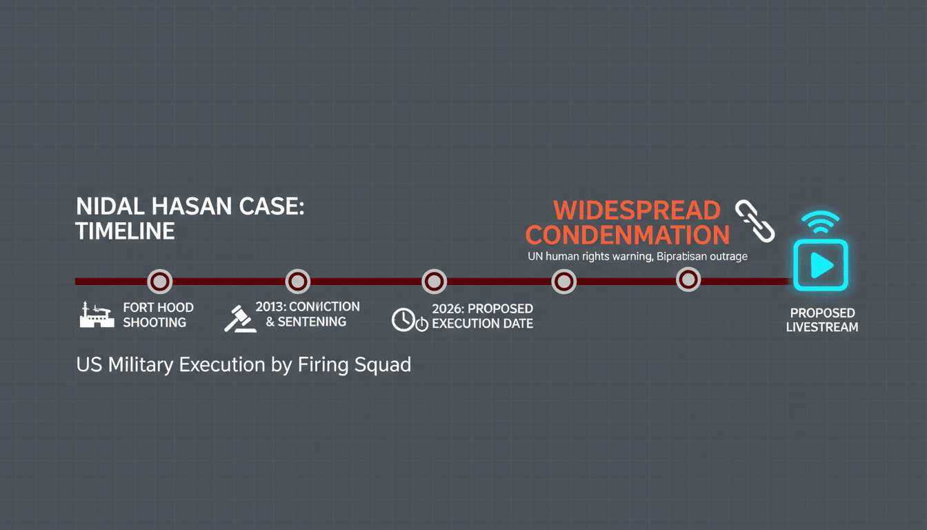 Infographic showing the timeline of Nidal Hasan's case, including the planned execution and proposed livestream details.