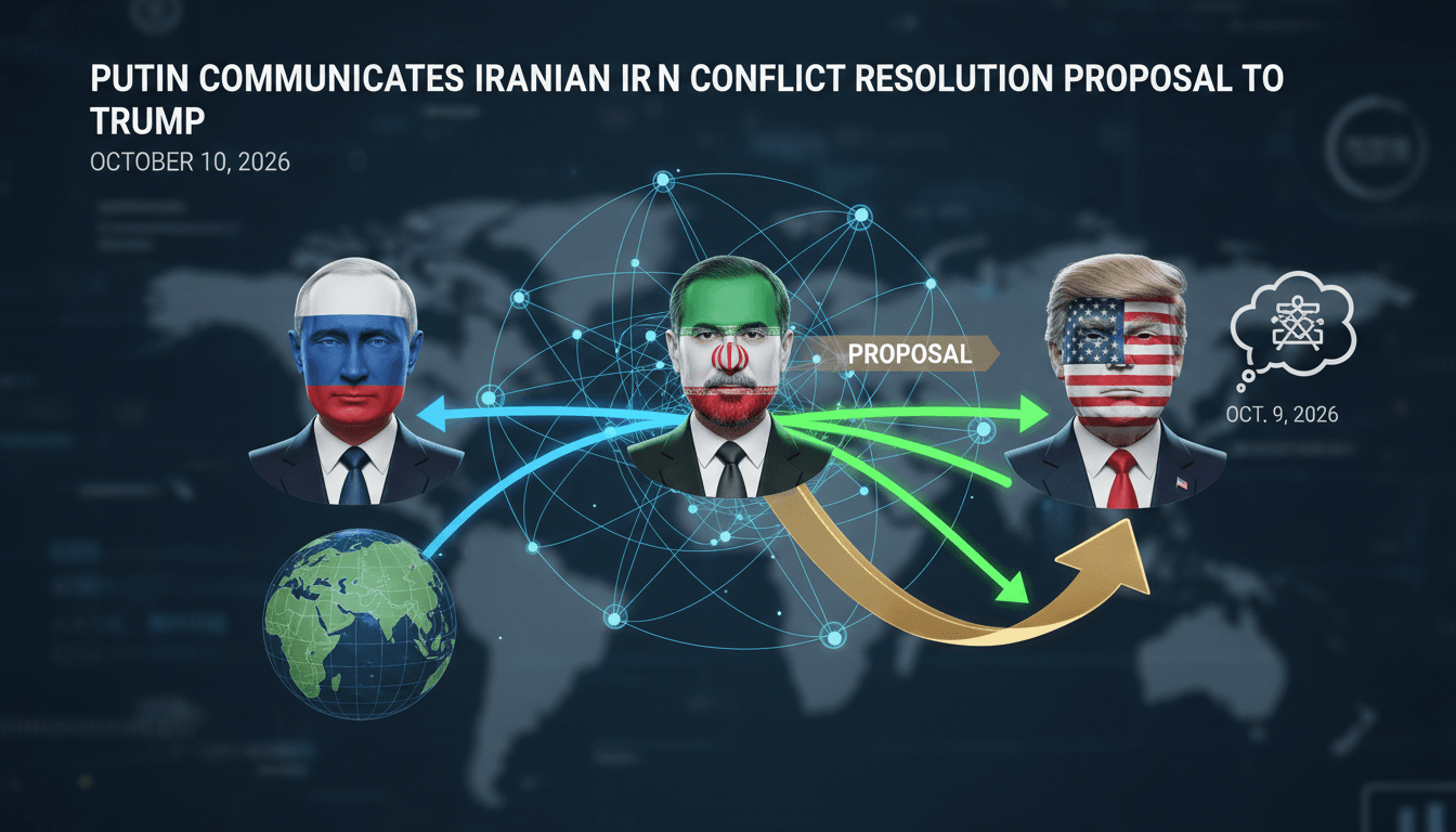 A visual representation of the Kremlin's role in mediating the US-Iran conflict, featuring Putin and Trump.