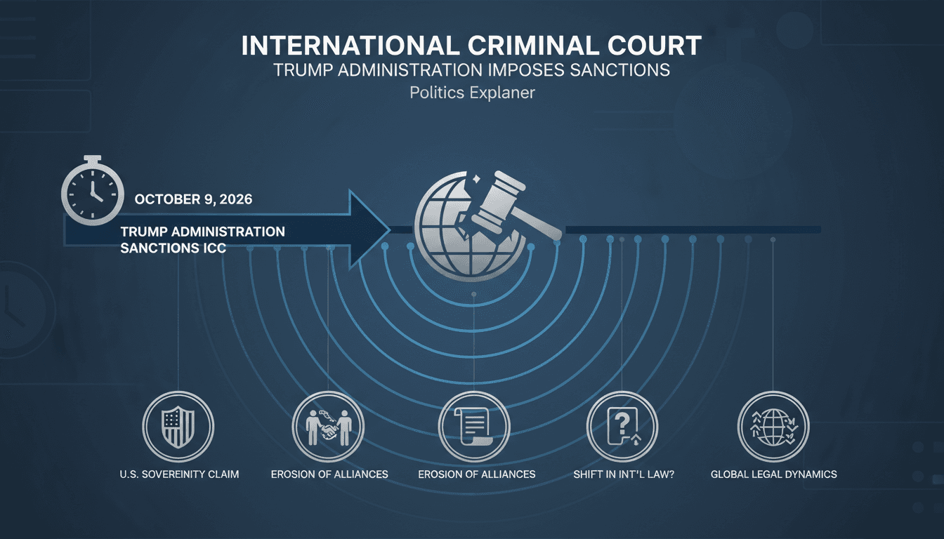 Infographic showing the timeline of U.S. sanctions on the ICC and their implications for international law.