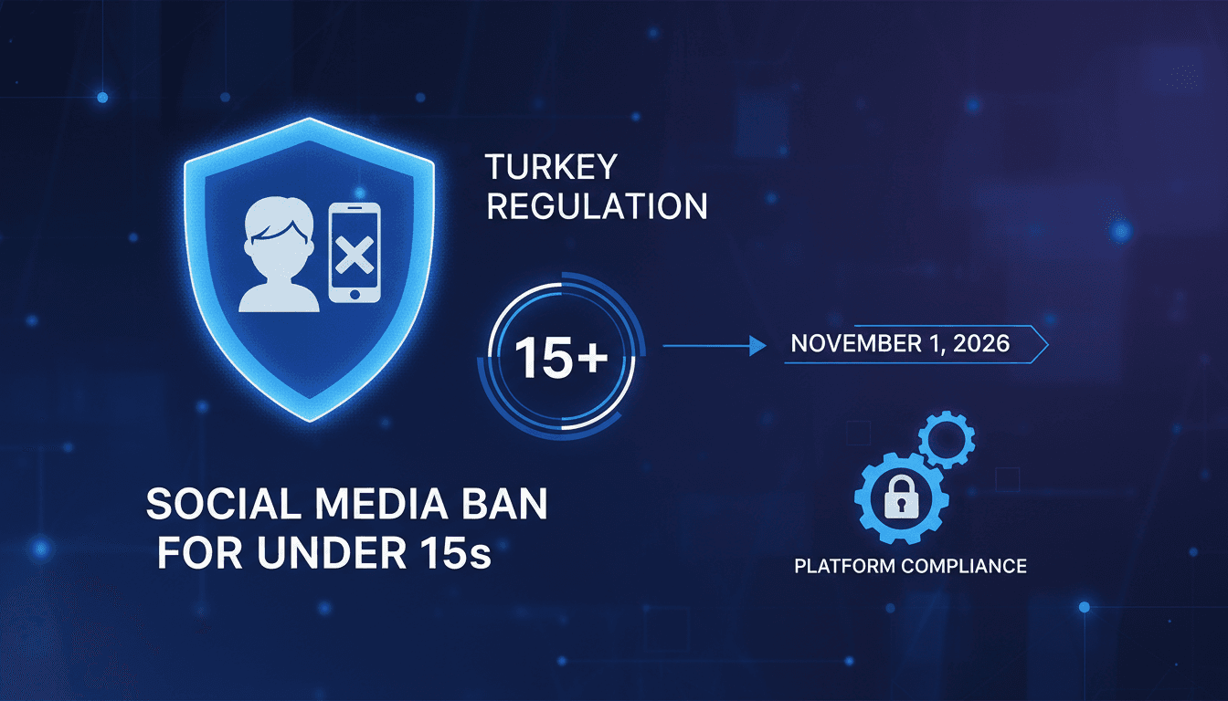 Infographic showing Turkey's new social media regulations for children under 15.