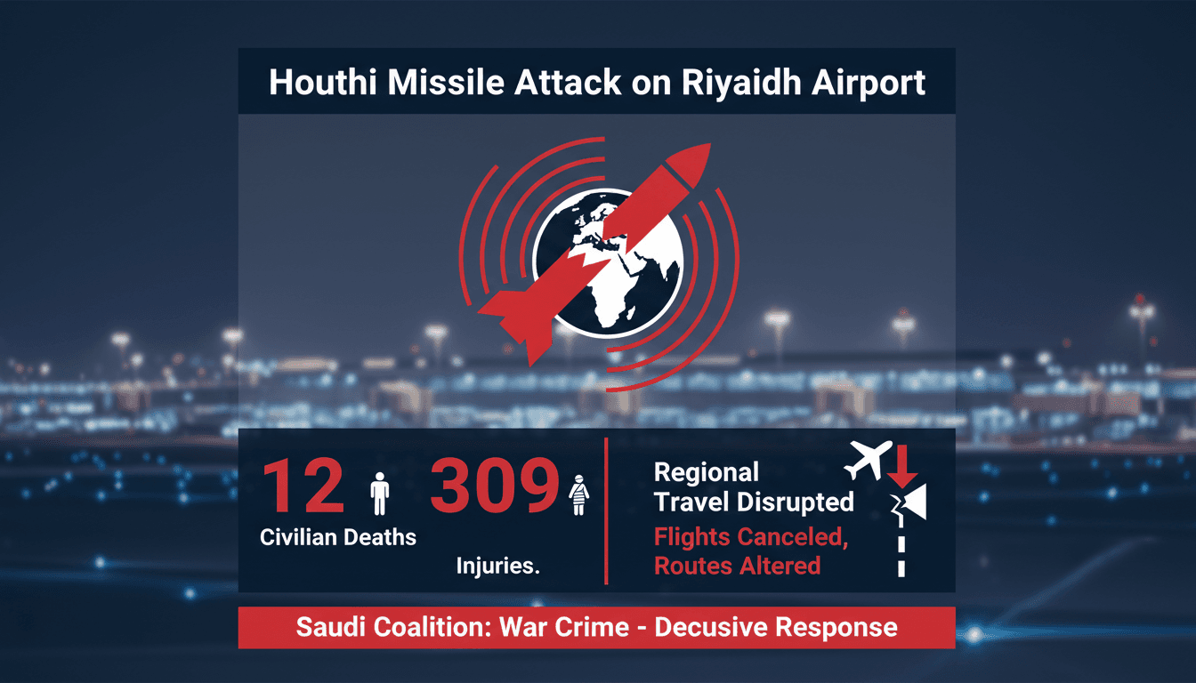 Infographic detailing the Houthi missile attack on Riyadh Airport, highlighting casualties and regional travel impacts.
