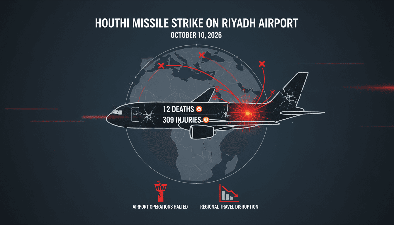 A visual representation of the Houthi attack's impact on King Khalid International Airport and regional travel disruptions.
