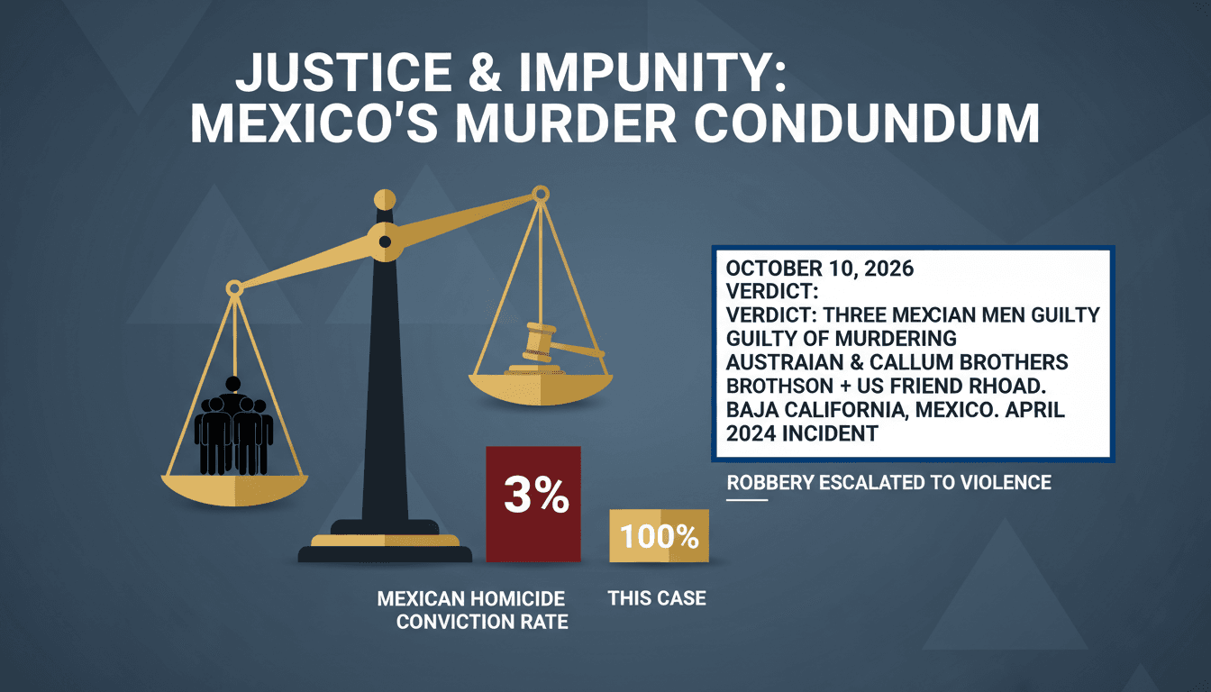 Infographic showing the conviction rate for homicides in Mexico and details of the Australian surfers' murder case.